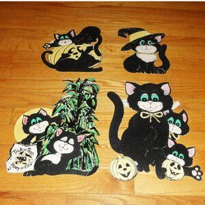 Vintage Peck Flocked Black Cat Paper Halloween Decorations AS IS jack-o-lantern